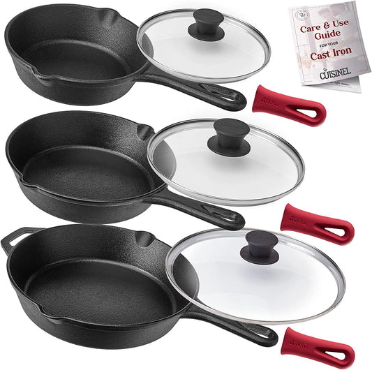 Cast Iron Skillet Set - 6"+8"+10"-Inch + Glass Lids + Silicone Handle Holder Covers - Pre-Seasoned Frying Pan - Oven Safe Cookware - Indoor/Outdoor Use - Grill, BBQ, Stovetop, Induction Safe